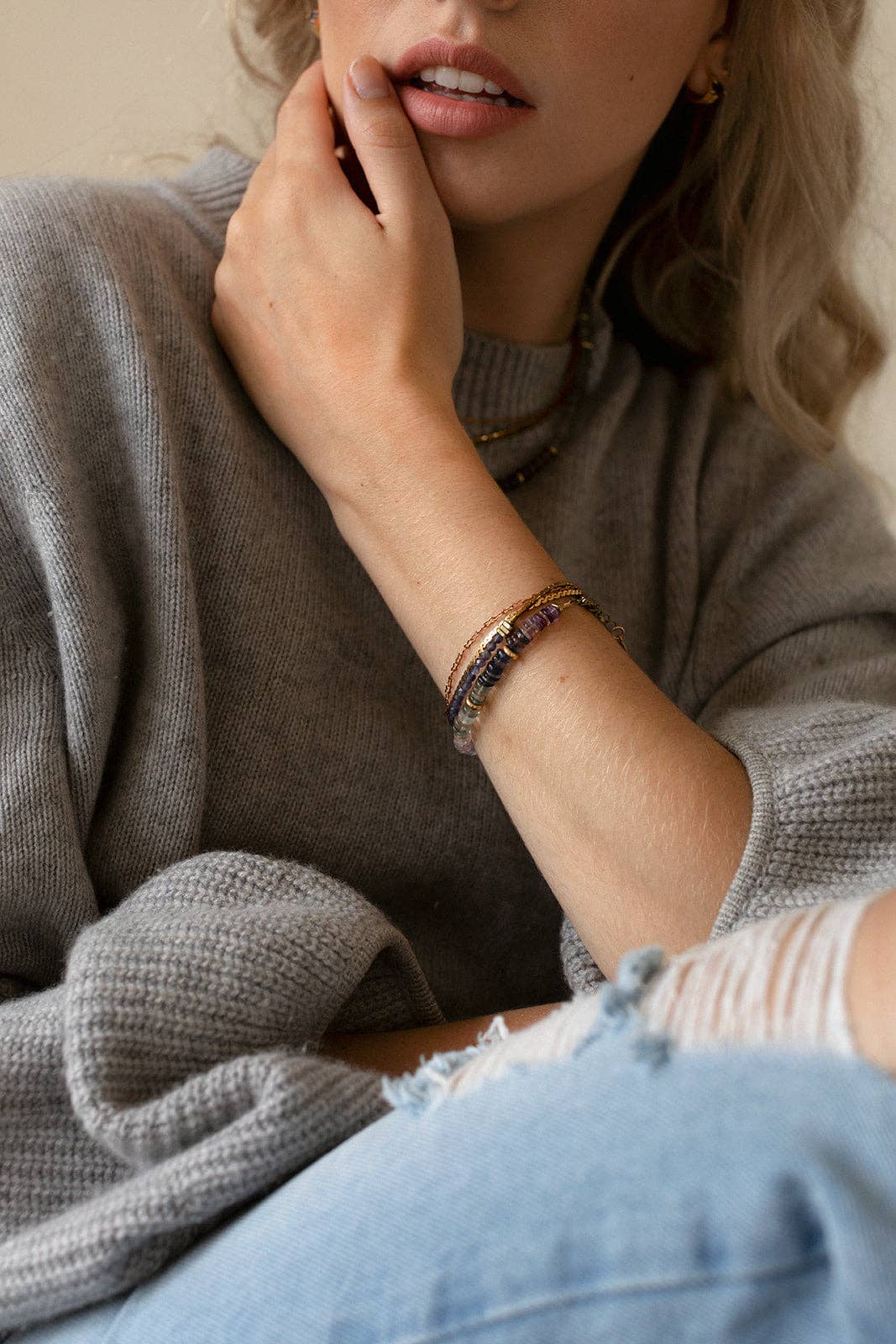 Ombre Bracelet is like a wintry rainbow with Iolite accents and recycled brass beads. | on model