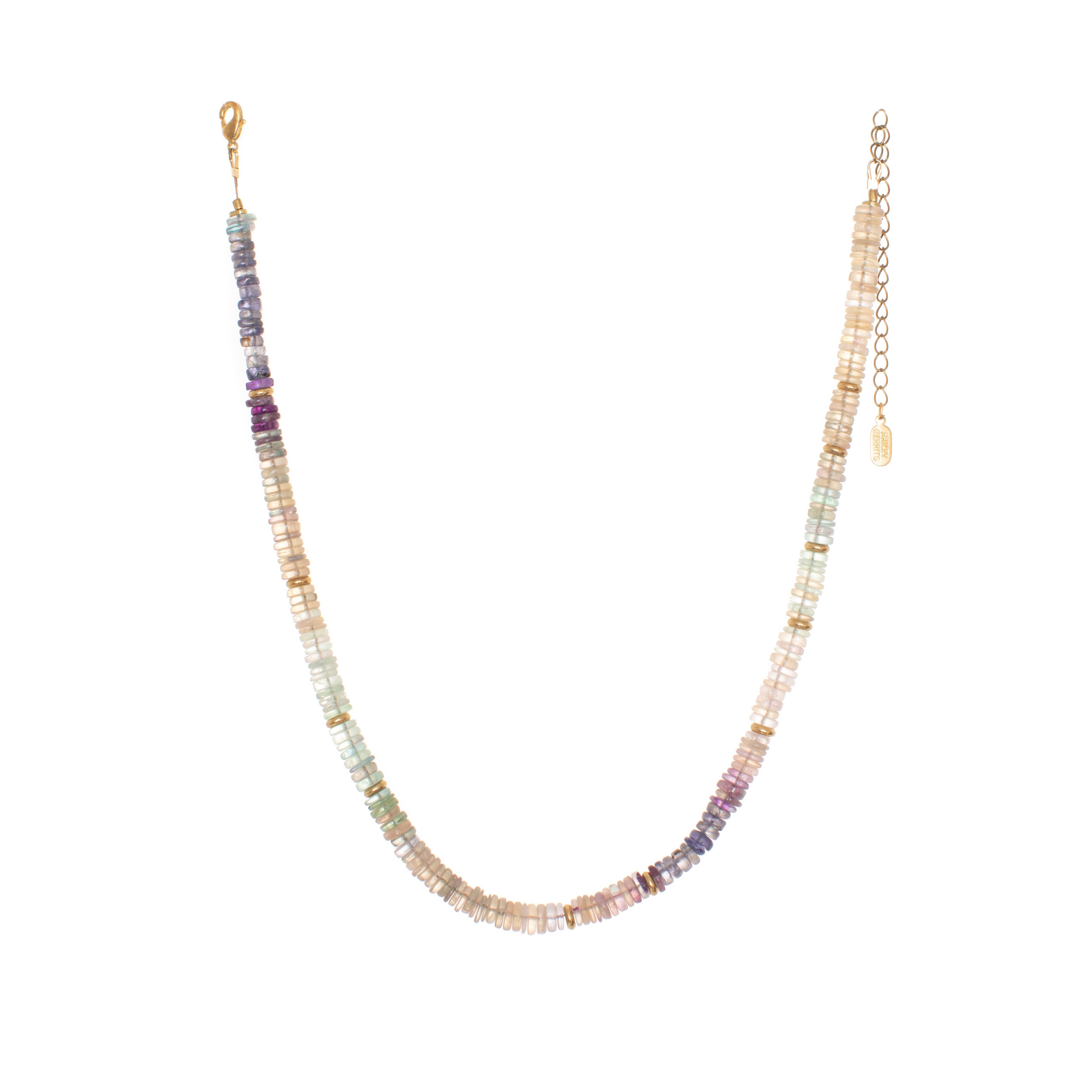 Glacial Ombre Necklace, featuring graduated colours of hand-cut Fluorite stones with Iolite accents and recycled brass beads asymmetrically spaced throughout.