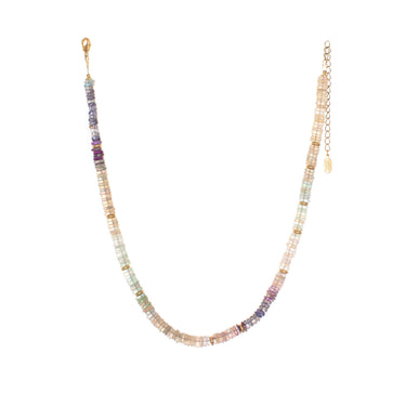 Glacial Ombre Necklace, featuring graduated colours of hand-cut Fluorite stones with Iolite accents and recycled brass beads asymmetrically spaced throughout.