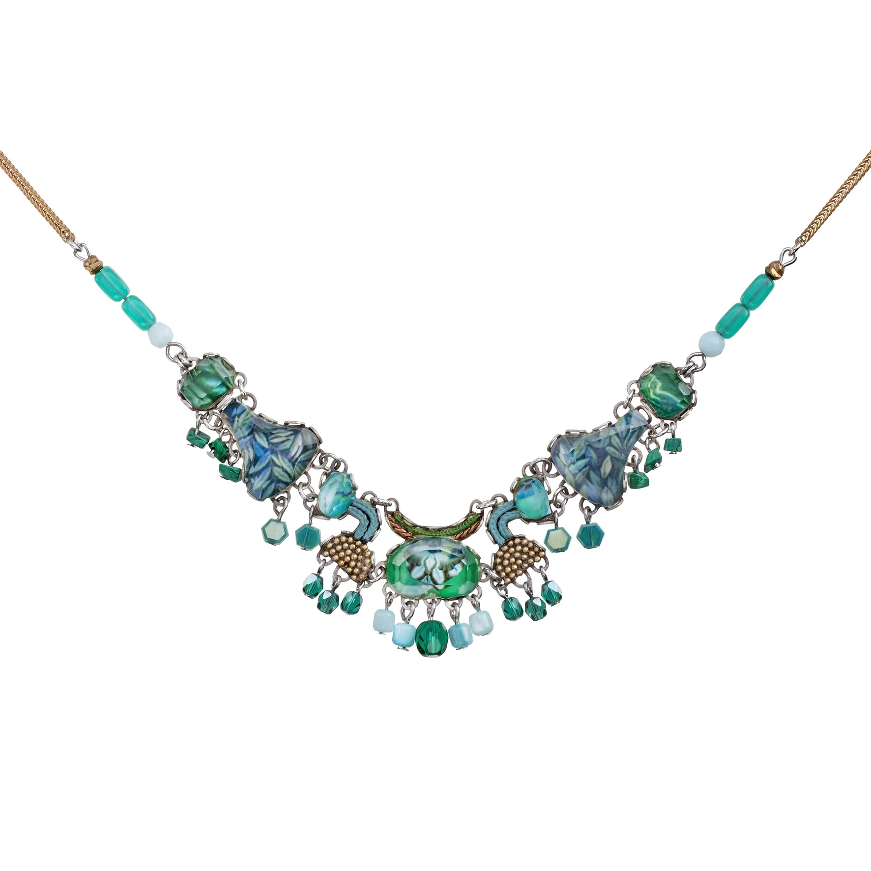 Plated Sterling Silver Necklace Featuring an Intricate Design with mixes of multicoloured Textile thread and multiple sizes of gemstones and beads. The main colours include tones of blue and green.