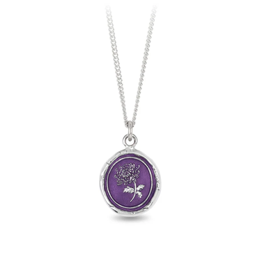Sterling Silver Necklace with a violet background under a talisman depicting a chrysanthemum flower