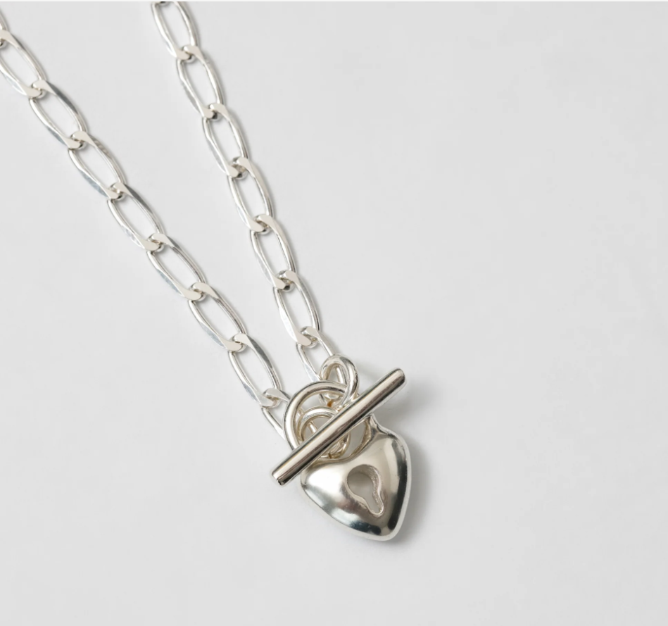 Sterling silver heart lock toggle pendant  on a Sterling silver elongated curb chain