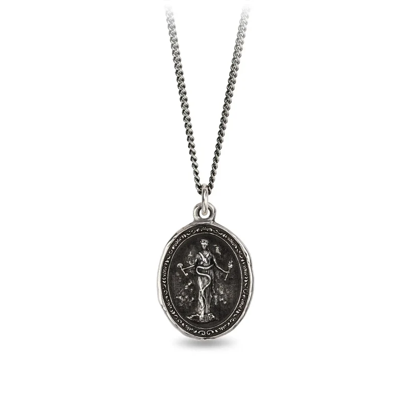 Sterling Silver talisman depicting the goddess of mythos, Hectate, holding a torch and a key in each hand
