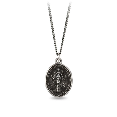 Sterling Silver talisman depicting the goddess of mythos, Hectate, holding a torch and a key in each hand