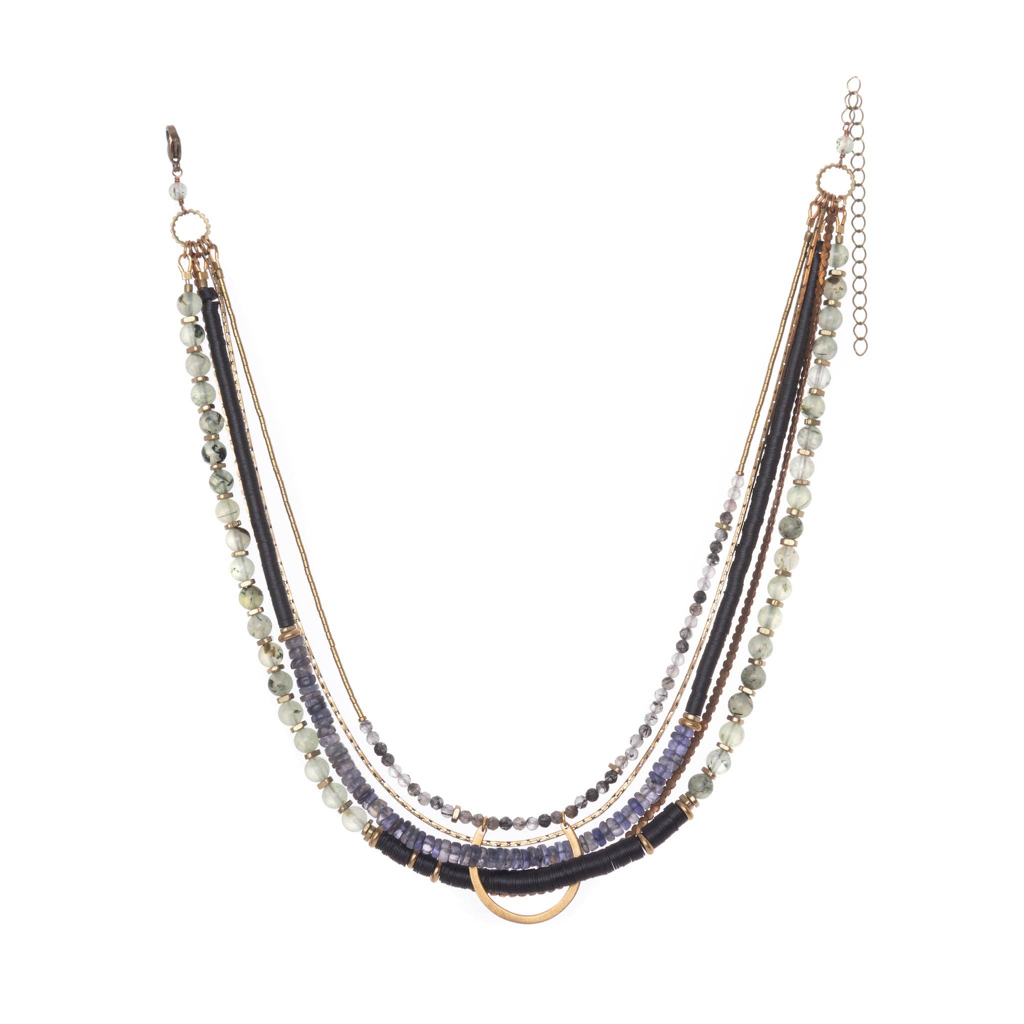 Hermona Necklace and its multicoloured palette of Prehnite, Iolite, Tourmilated Quartz and black fair-trade vinyl, folded through a vintage brass horseshoe pendant and accented with vintage brass chains
