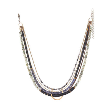 Hermona Necklace and its multicoloured palette of Prehnite, Iolite, Tourmilated Quartz and black fair-trade vinyl, folded through a vintage brass horseshoe pendant and accented with vintage brass chains