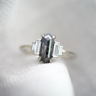 Elongated Hexagon Salt & Pepper Diamond Ring