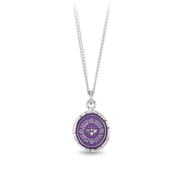 Sterling Silver Necklace with a violet background under a talisman depicring a honeybee surrounded by a floral wreath
