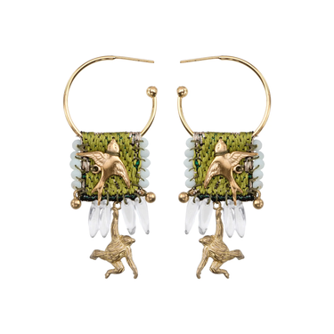 Plated Sterling Silver hoop Earrings predominantly featuring green textile threads with a gold bird and monkey on the earring, with white gems hanging with the monkey 