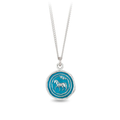 Sterling Silver Necklace with a bright blue background underneath a talisman depicting A Trotting horse