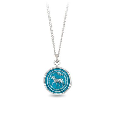 Sterling Silver Necklace with a bright blue background underneath a talisman depicting A Trotting horse
