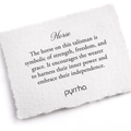 A Pyrrha note describing the horse talisman. It reads, "The horse on this talisman is symbolic of strength, freedom, and grace. It encourages the wearer to harness their inner power and embrace their independence."