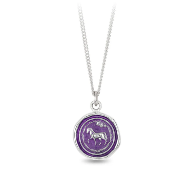 Sterling Silver Necklace With a violet background under a talisman depicting a horse