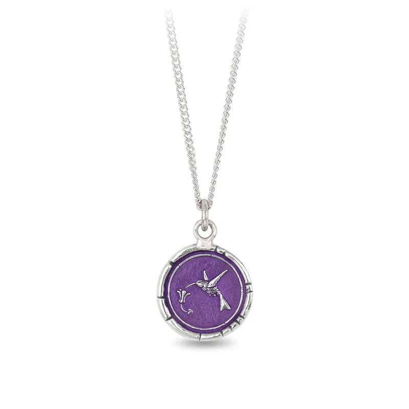 Sterling Silver Necklace with a Violet background under a Talisman depicting a hummingbird