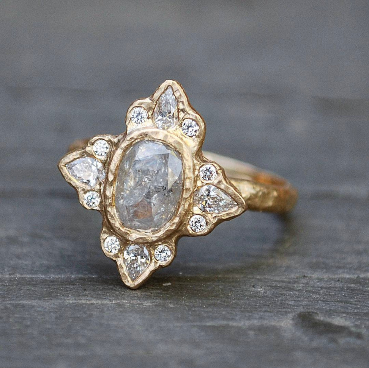 Ornate Oval Rustic Blue Sapphire Halo Ring - Magpie Jewellery