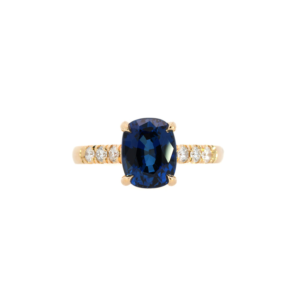  Blue Cushion Cut Lab Sapphire and Diamond Ring