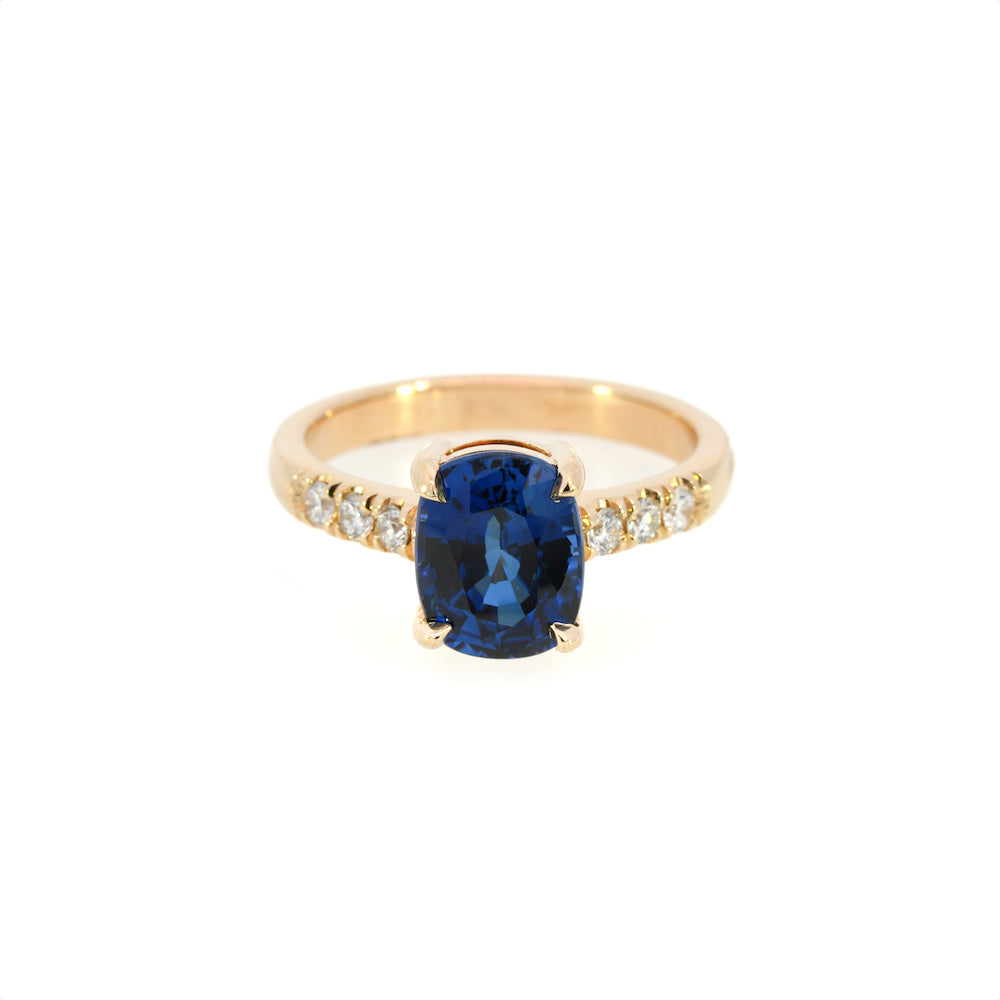  Blue Cushion Cut Lab Sapphire and Diamond Ring