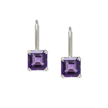 Silver Plated Rhodium Earring with a Square Amethyst Embeded Within
