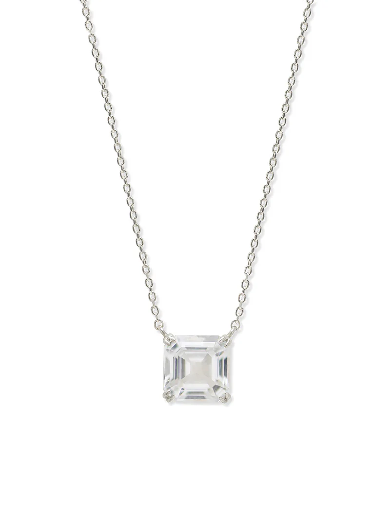 Silver Plated Rhodium Necklace with a Square White Topaz Gemstone Embedded