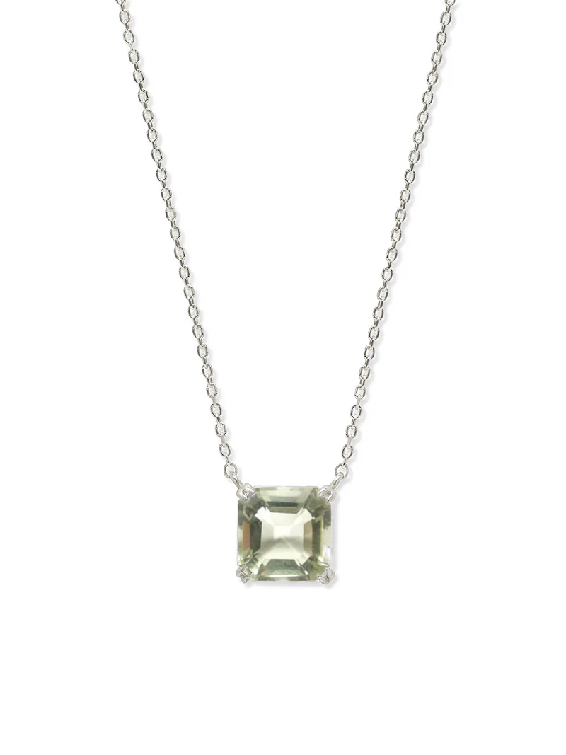 Silver Plated Rhodium Necklace with a Square Green Amethyst Gemstone Embedded Within