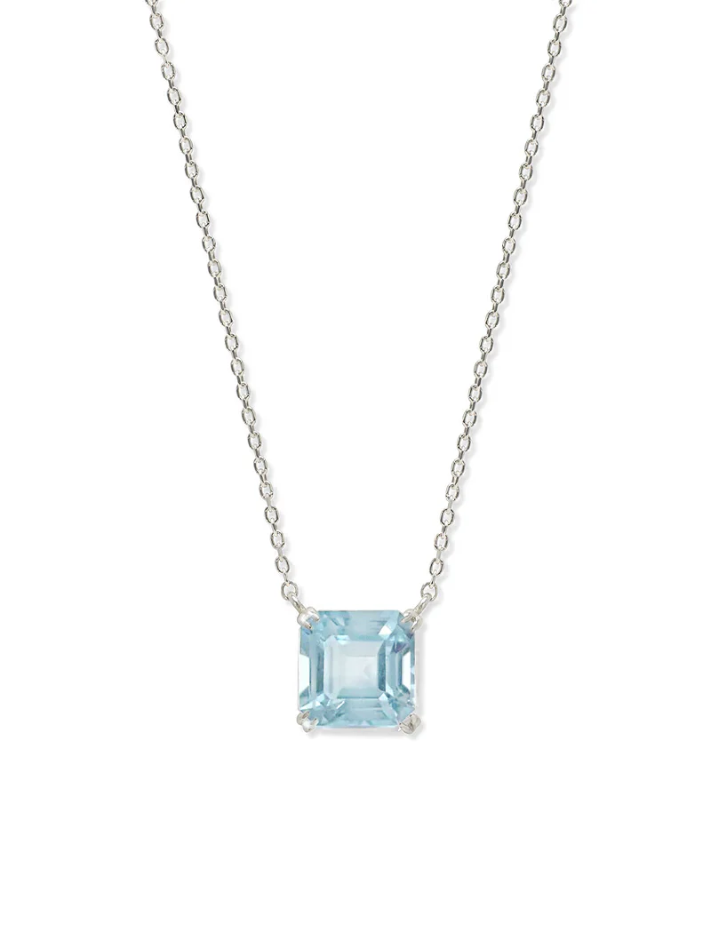 Silver Plated Rhodium Necklace with a Square Blue Topaz Gemstone Embedded Within
