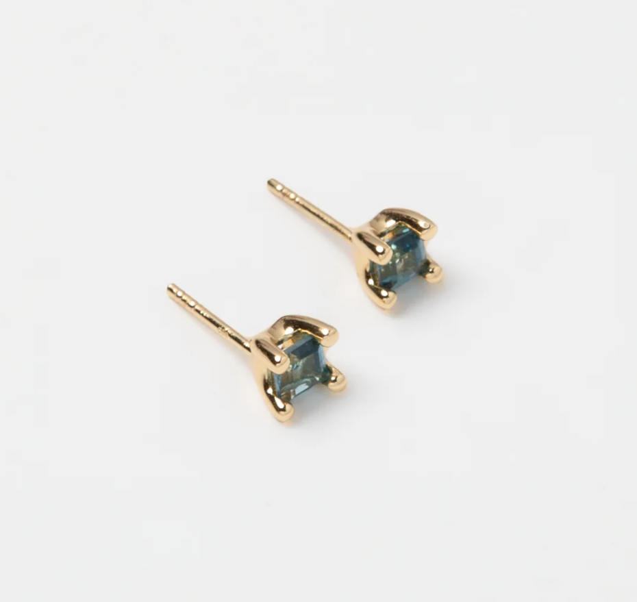 14k Gold plated brass studs with genuine blue topaz gemstones and gold vermeil posts