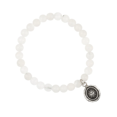 Bracelet made from White Jade beads, with a Sterling Silver Talisman depicting The sun with a face on it