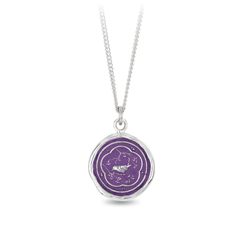 Sterling Silver necklace with a violet background under a talisman depicting a waxwing bird perched on a small branch