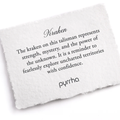 A Pyrrha note describing the Kraken talisman. It reads, "The kraken on this talisman represents strength, mystery, and the power of the unknown. It is a reminder to fearlessly explore uncharted territories with confidence."