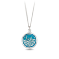 Sterling Silver Necklace with a bright blue background underneath a talisman depicting the ficticious monster the kraken is a raging sea attacking a large ship
