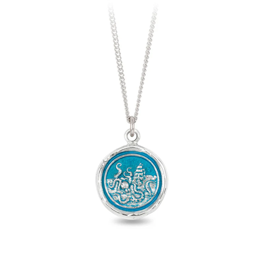 Sterling Silver Necklace with a bright blue background underneath a talisman depicting the ficticious monster the kraken is a raging sea attacking a large ship