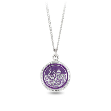 Sterling Silver Talisman witha violet background under a talisman depicting a kraken in a raging sea