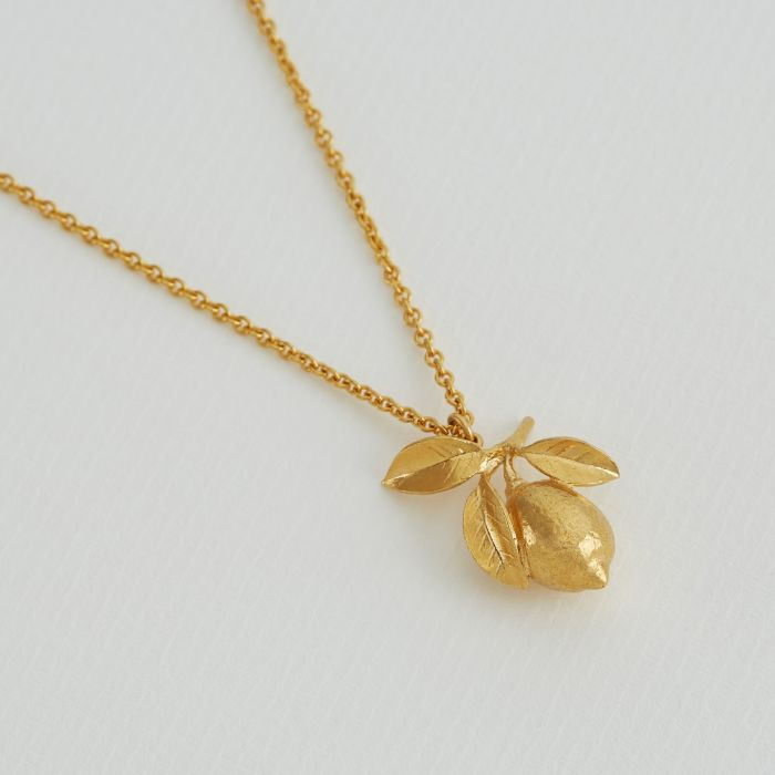 Gold Plated Silver Necklace  with a Lemon Covered in Leaves