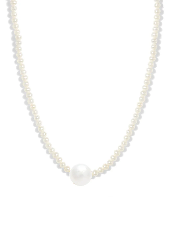 Freshwater Pearl Necklace with 3.5mm pearls on the Base chain, centered with a 8.5mm Pearl at the Base