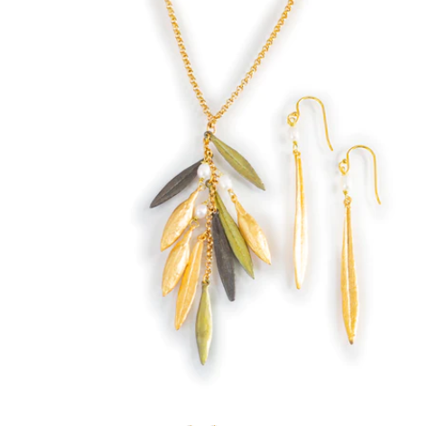 Leaf &amp; Bud Long Pearl Drop Earrings