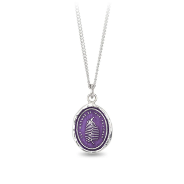 Sterling Silver Necklace with a violet background under a talisman depicting a fern frond with the words "Let Nature Be Your Teacher" surrounding it