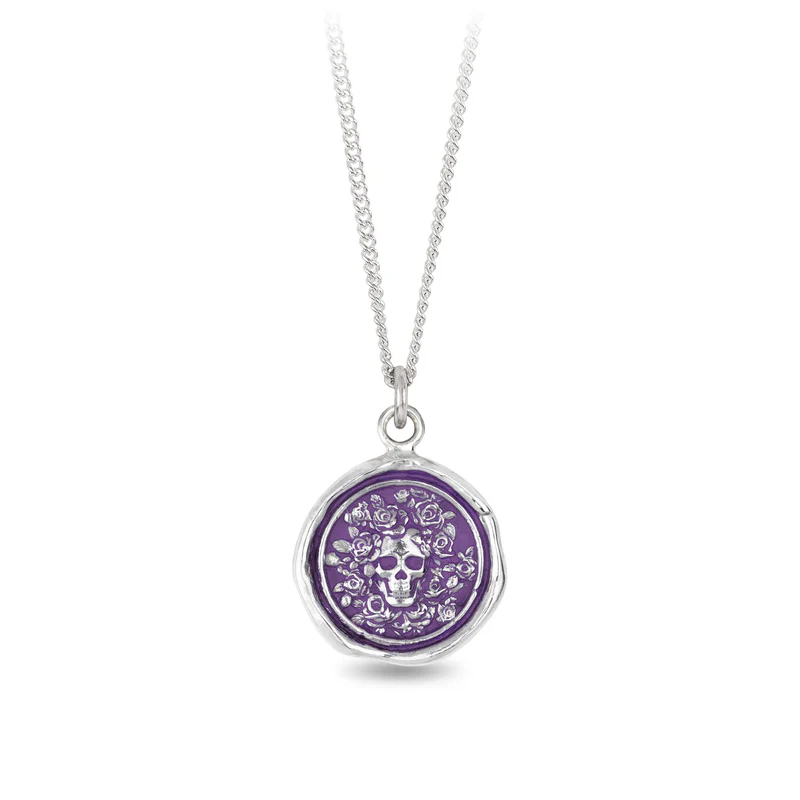 Sterling SIlver Necklace with a violet Background under a talisman depicting A Skull surrounded by many roses