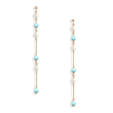 14k Yellow Gold Earrings with Pearls and turqiouse pearls strung on a long chain