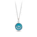 Sterling Silver Necklace with a bright blue background underneath a talisman depicting a Lotus flower surrounded by a crescent moon