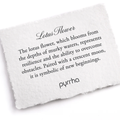 A Pyrrha note describing the Lotus flower talisan. It reads, "The lotus flower, which blooms from the depths of murky waters, represents resilience and the ability to overcome obstacles. Paired with a crescent moon, it is symbolic of new beginnings."