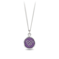 Sterling Silver Necklace with a violet background under a talisman depicting many knots tied around to form a heart shape