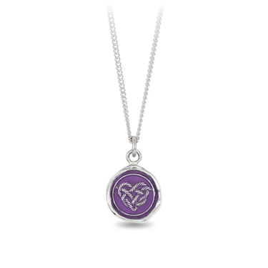 Sterling Silver Necklace with a violet background under a talisman depicting many knots tied around to form a heart shape