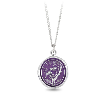 Sterling Silver Necklace with a violet background under a talisman depicting two birds perched over their nest on a tree with tiny baby birds inside their nest