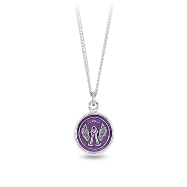  Sterling Silver necklace with a violet Background and a talisman depicting two hands holding a heart with wings coming out of the hands.