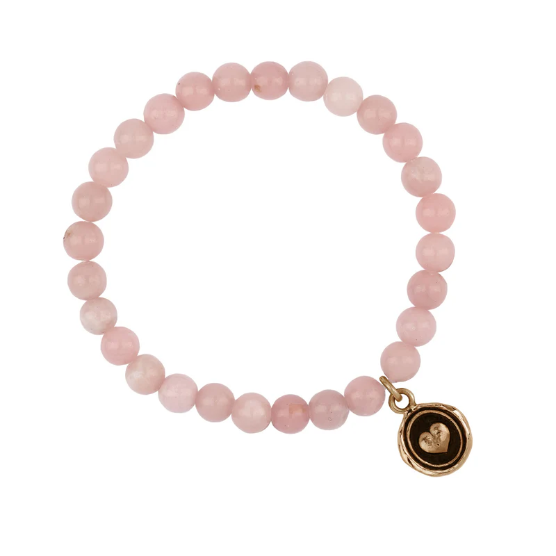 Pink Opal Beaded bracelet with a Bronze Talisman Depicting A Heart