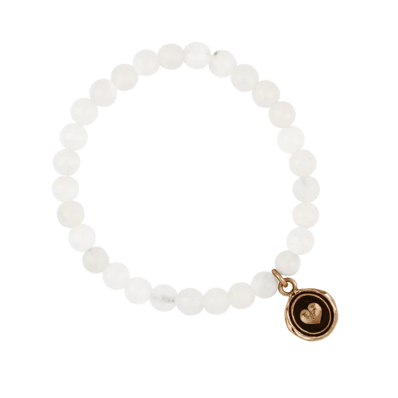 White Jade Beaded bracelet with a Bronze Talisman Depicting A Heart