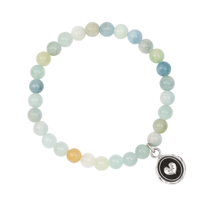 Sea toned Aquamarine Beaded bracelet with a Sterling Silver Talisman Depicting A Heart