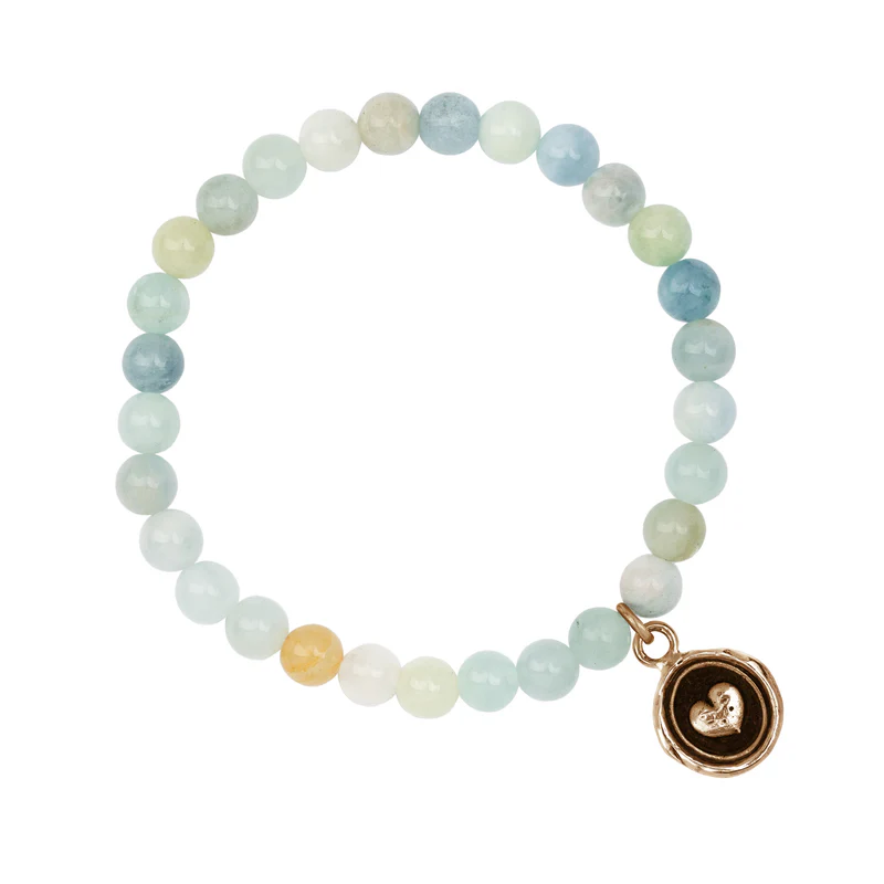 Sea toned Aquamarine Beaded bracelet with a Bronze Talisman Depicting A Heart