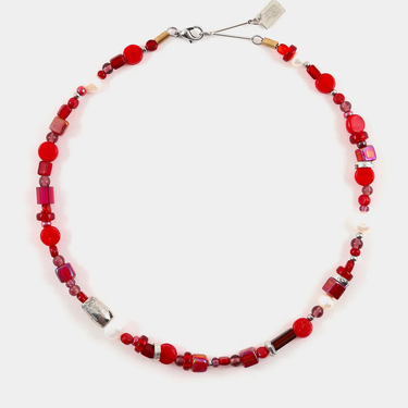 Simple silver necklace with colorful glass beads, freshwater pearls, and pewter pendants (Red and Pink)