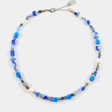 Simple silver necklace with colorful glass beads, freshwater pearls, and pewter pendants(Blue and Grey)